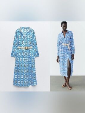 ZARA BLUE PRINT MIDI COTTON BELTED SHIRT DRESS POCKETS Size M MSRP $178